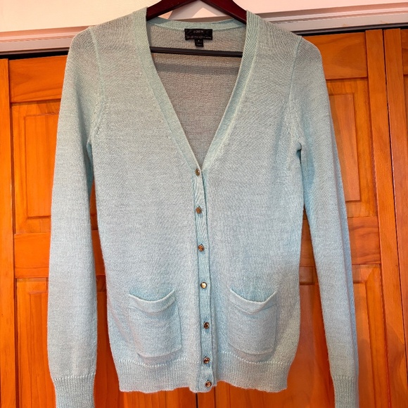 J Crew Blue Cardigan Sweater Jeweled Buttons, Pockets Size Small Italian Alpaca - Picture 1 of 10